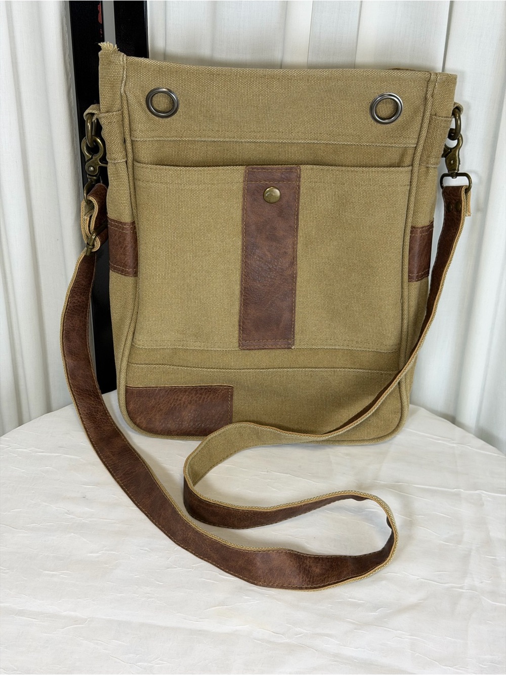 Men's Canvas Messenger Bag in Khaki with Brown Trim